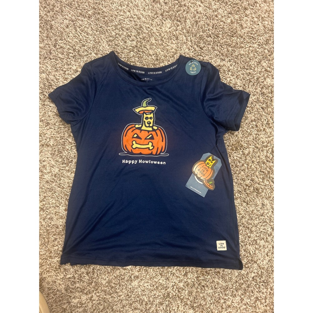 Life is Good Womens Happy Howloween Rocket Dog Pumpkin Sleep Shirt Navy S NWT